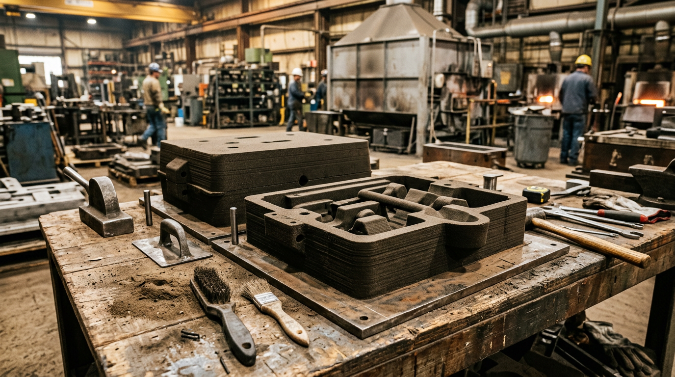3D printed sand mold halves on a foundry workbench ready for casting assembly