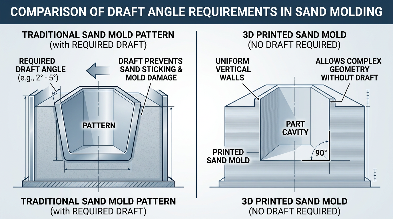 Diagram comparing draft angle requirements in traditional patterns versus 3D printing for casting molds