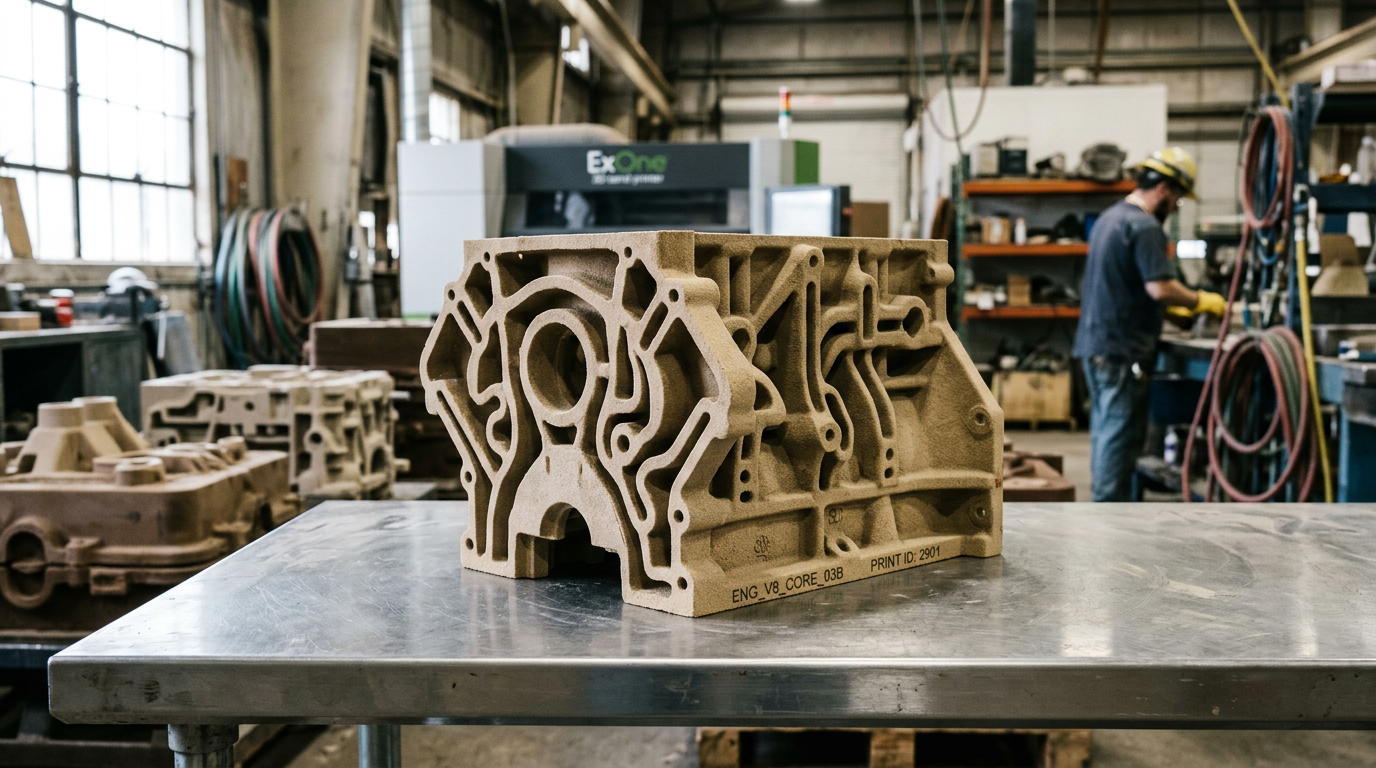 Complex single-piece 3D printed sand core for casting with internal passages and zero assembly joints