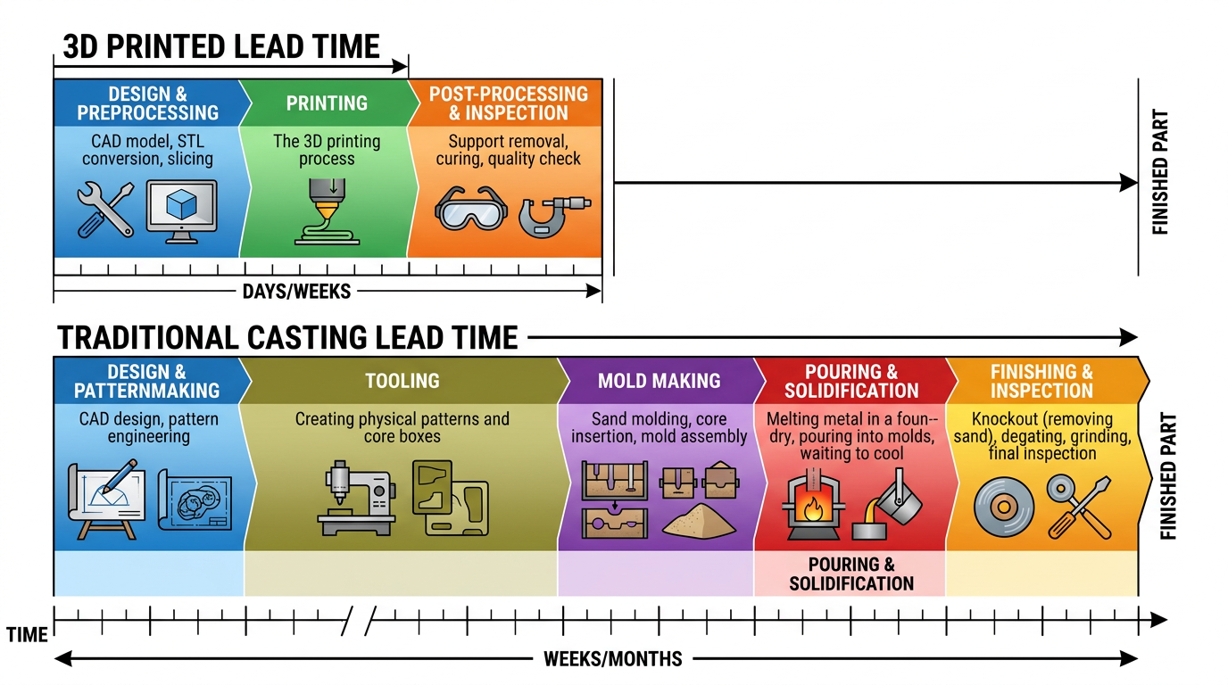 Lead time comparison diagram showing 3D printing for casting versus traditional pattern-making timeline