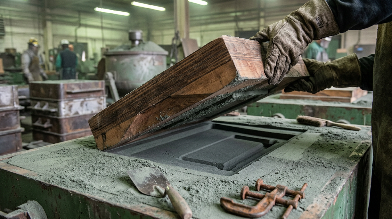 Wooden split pattern lifted from green sand mold showing clean cavity impression for a blank sand cast