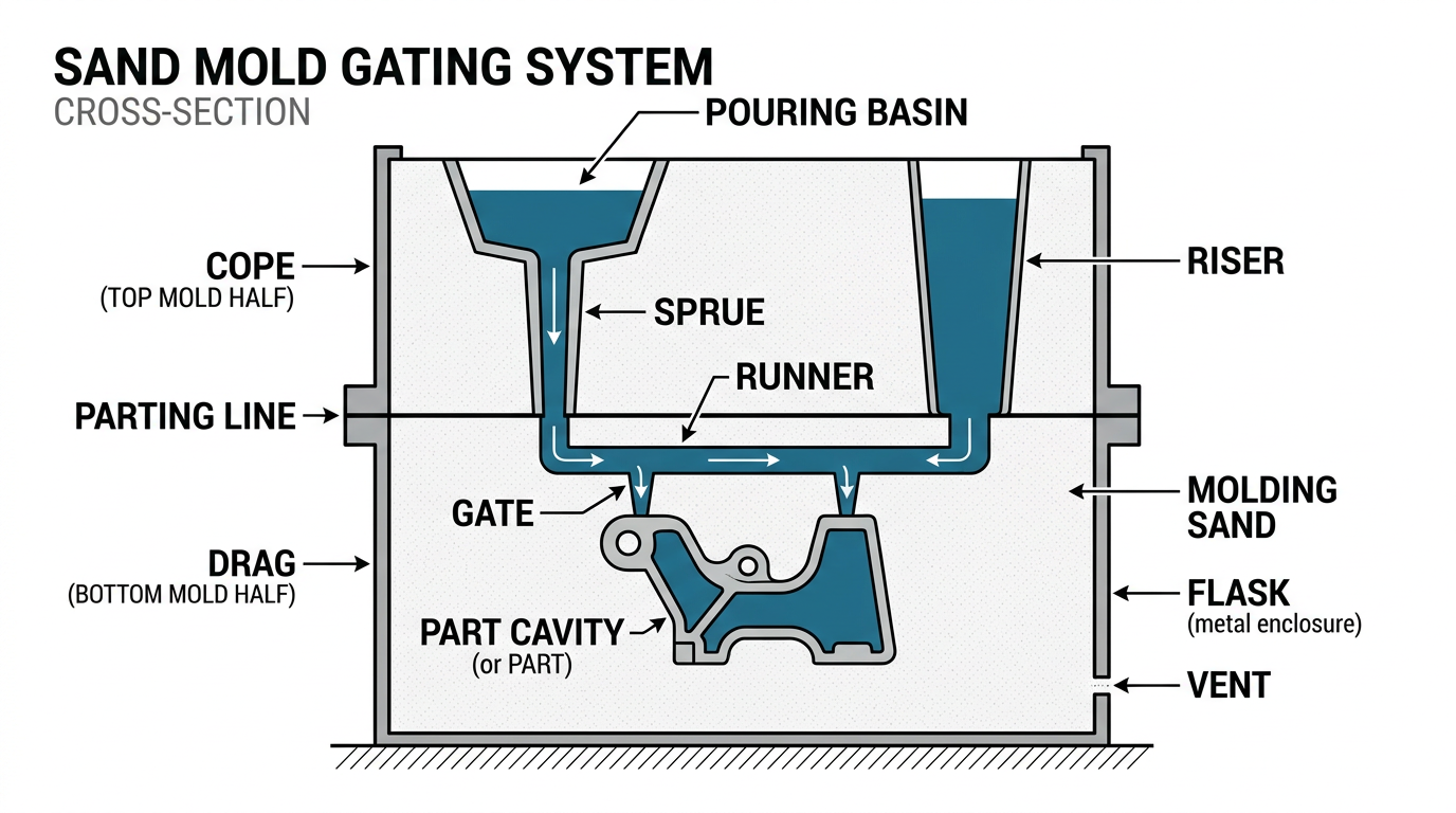 Cross-section diagram of sand casting mold showing sprue, runner, gate, and riser placement for blank sand cast production