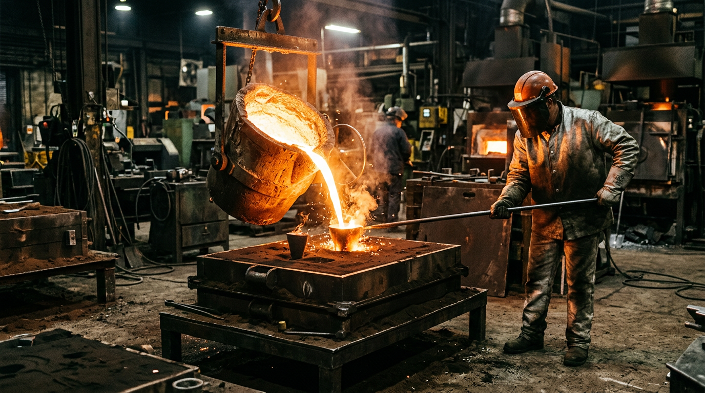 Molten metal poured into sand mold sprue during blank sand cast production in a foundry