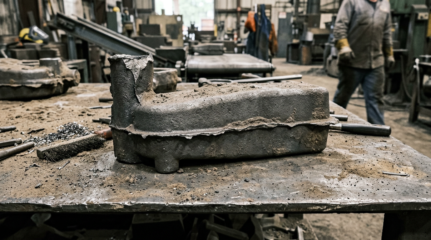 As-cast blank sand cast after shakeout showing gate stubs, parting line flash, and rough sand texture surface
