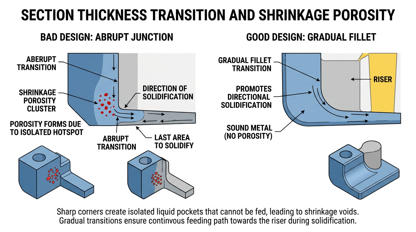 Diagram comparing abrupt versus gradual wall thickness transitions in blank sand cast design showing shrinkage porosity risk