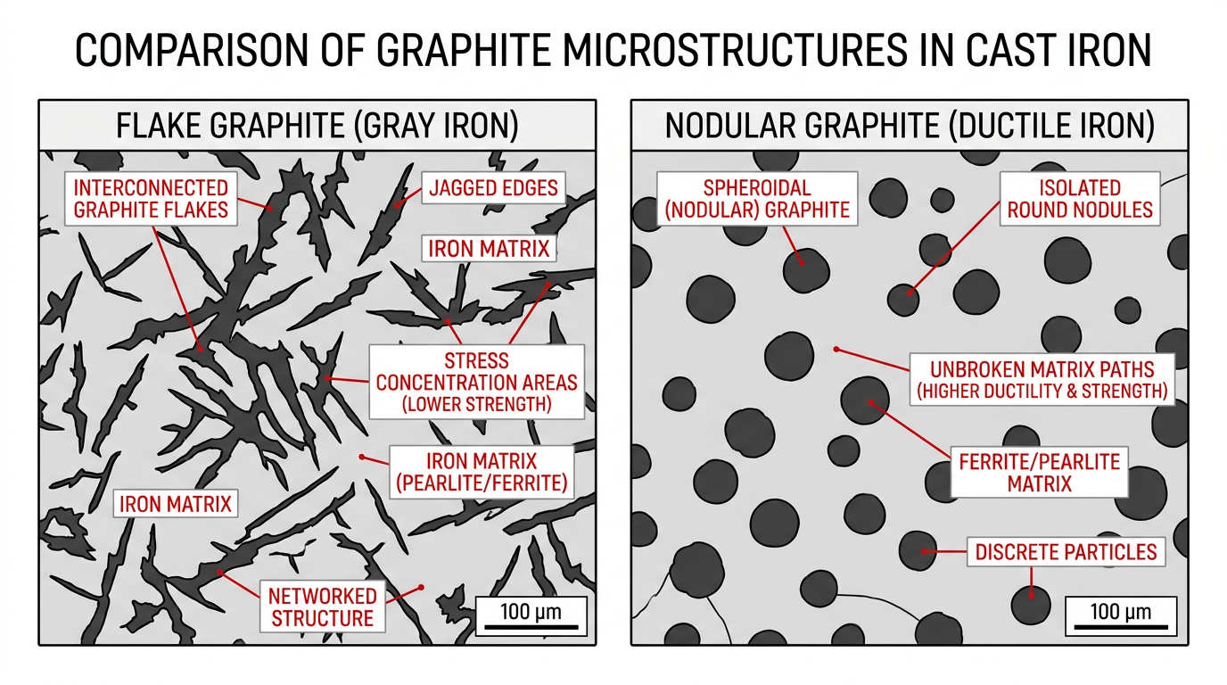 Diagram comparing cast iron vs gray iron microstructure showing flake graphite in gray iron and nodular graphite in ductile iron