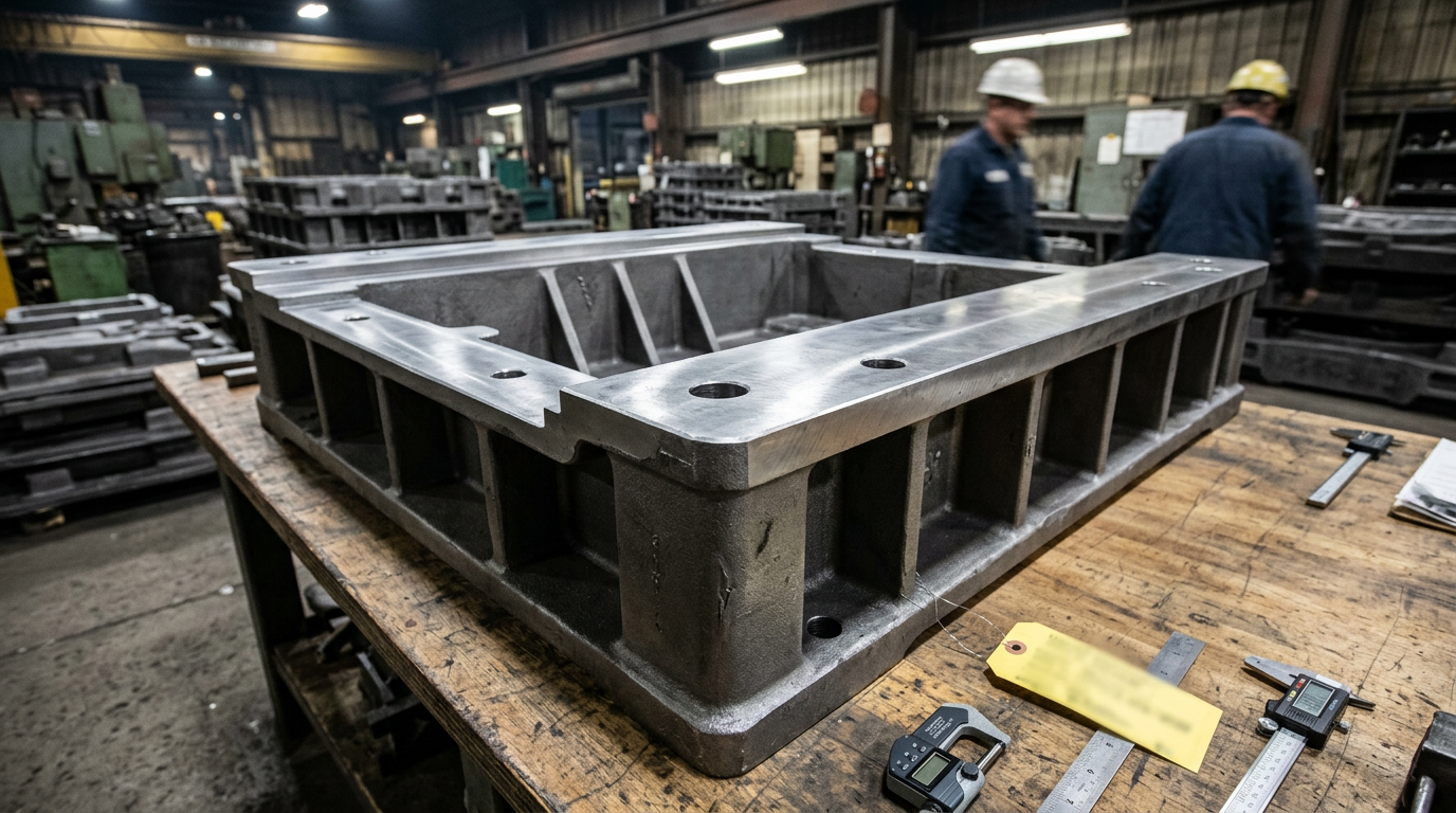 Gray iron machine base casting showing machined mounting surfaces and as-cast finish typical of cast iron components