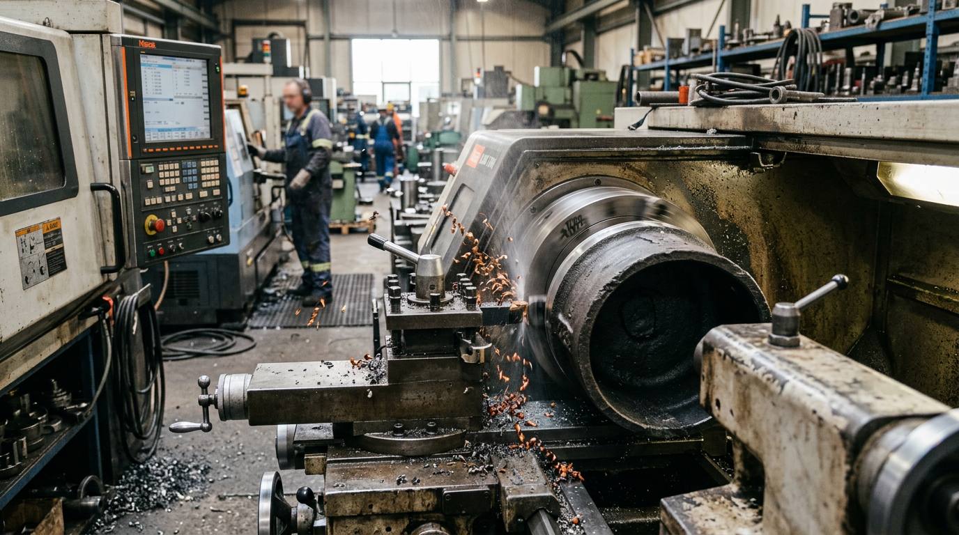 Ductile iron casting being machined on CNC lathe showing chip formation and carbide tooling used in cast iron machining