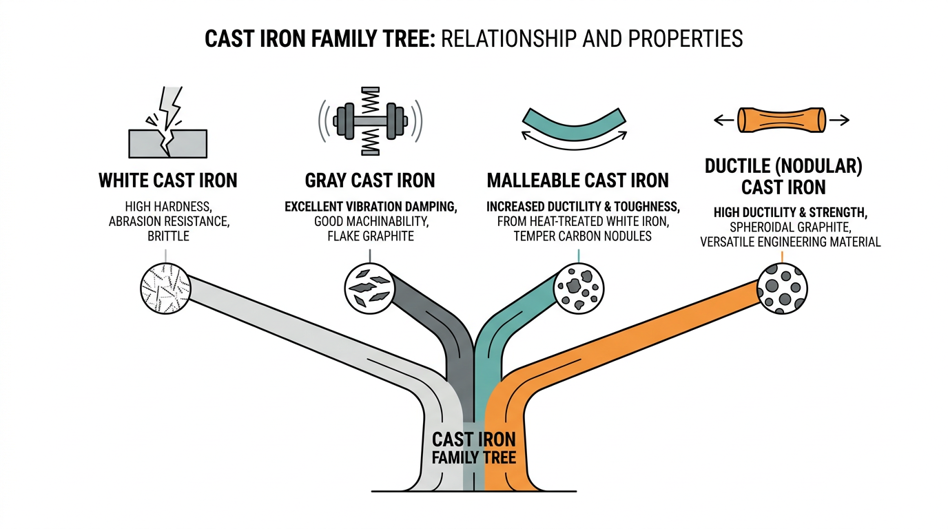 Cast iron family tree diagram showing gray iron, ductile iron, white iron, and malleable iron as branches of the cast iron family