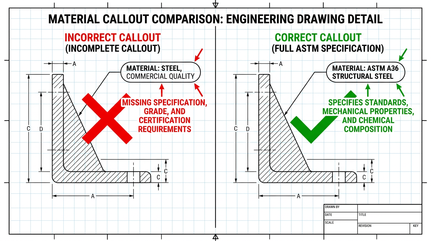 Engineering drawing callout comparison showing incomplete cast iron specification versus correct ASTM A48 Class 30 gray iron specification