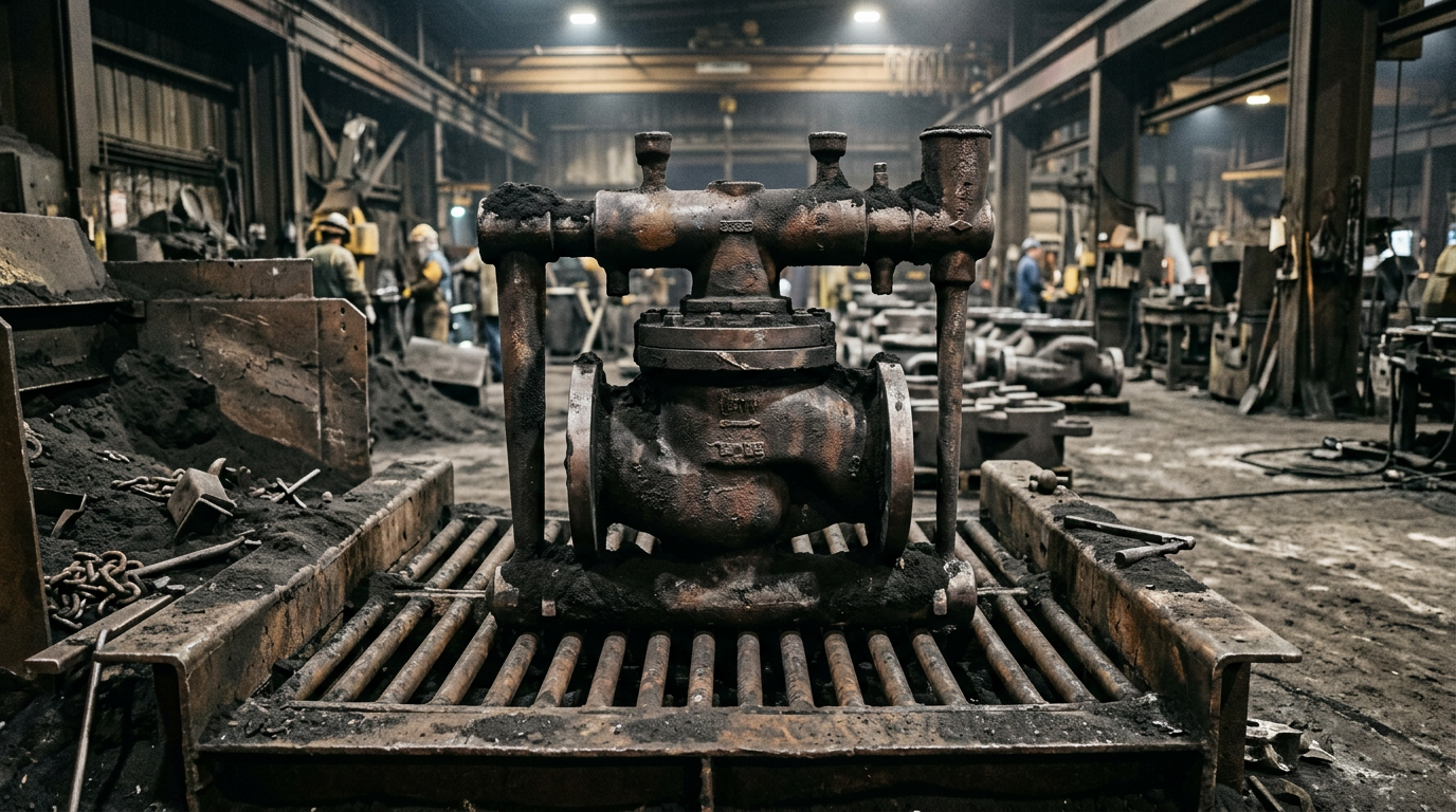 Carbon steel valve body sand casting with gating system and risers before cleaning