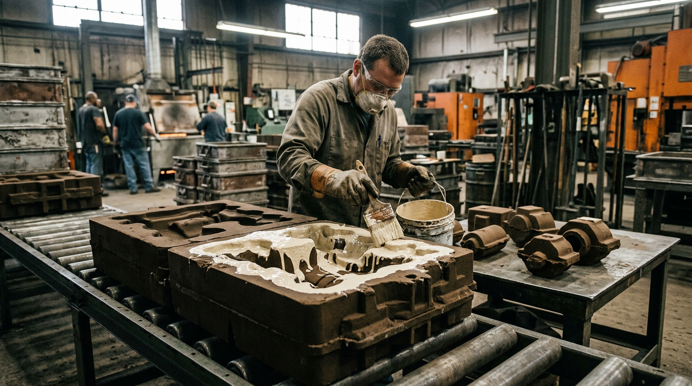 Refractory coating being applied to sand mold cavity before casting steel