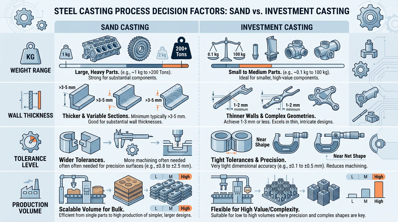 Diagram comparing when to choose sand casting versus investment casting for steel components