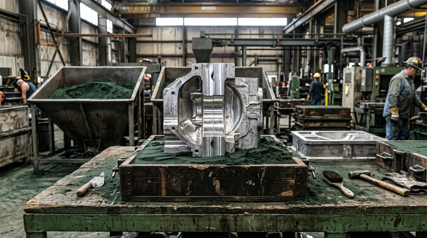 Casting Pattern Materials and How to Choose the Right One 2 Machined aluminum casting pattern on a foundry mold bench showing smooth parting surface for sand casting