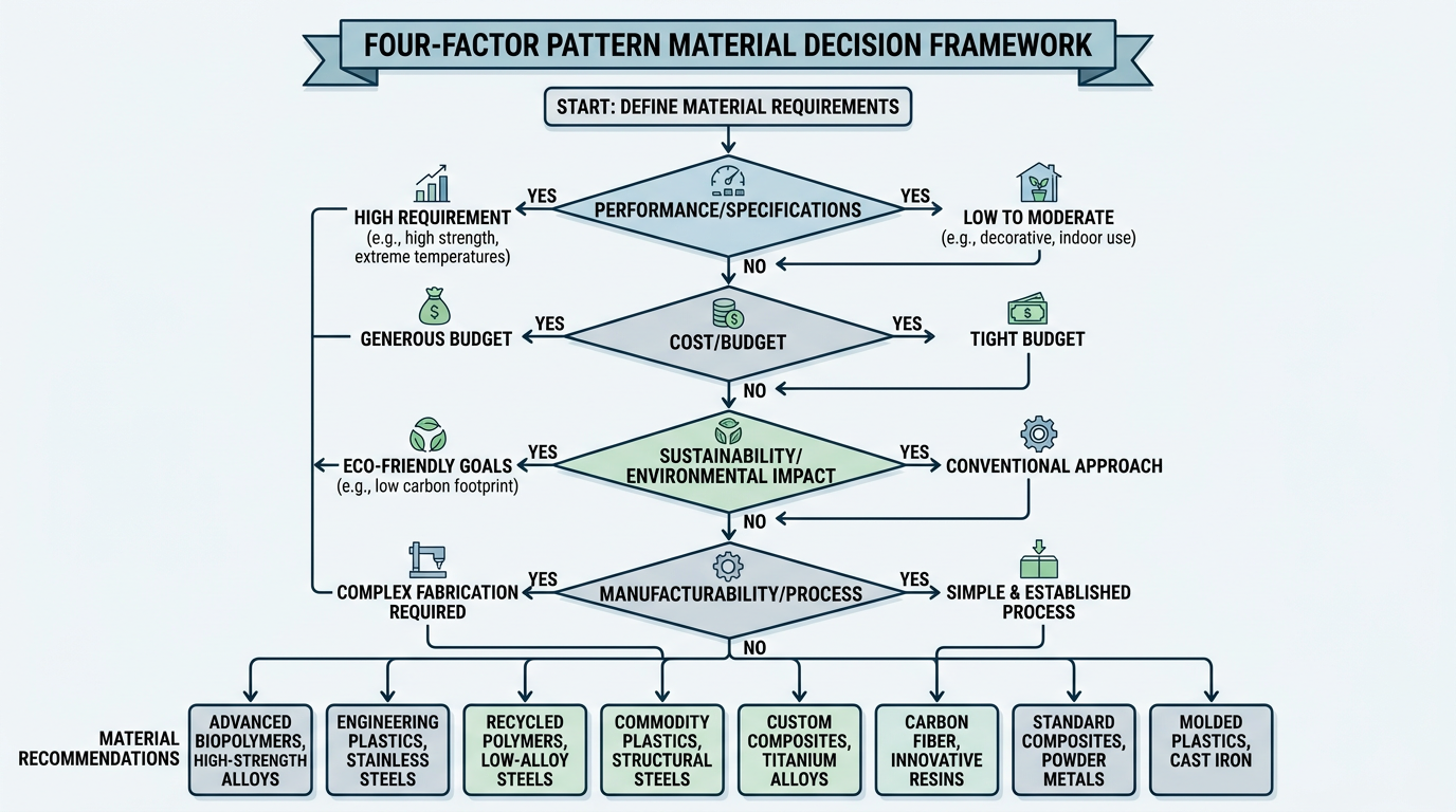 Casting Pattern Materials and How to Choose the Right One 4 Four-factor decision diagram for selecting the right casting pattern material based on tolerance, geometry, storage, and cost per pull