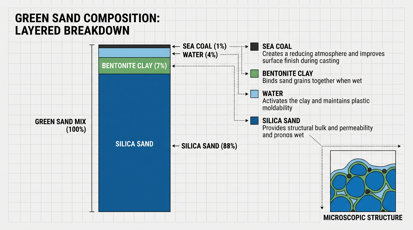 Green casting sand composition diagram showing silica sand, bentonite clay, water, and sea coal proportions