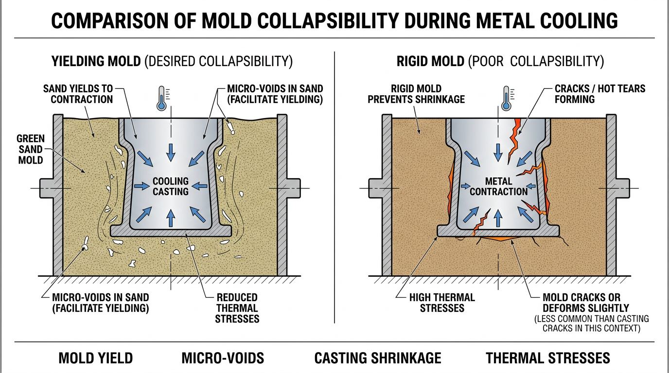 Diagram comparing casting sand collapsibility versus rigid regular sand during metal cooling and contraction