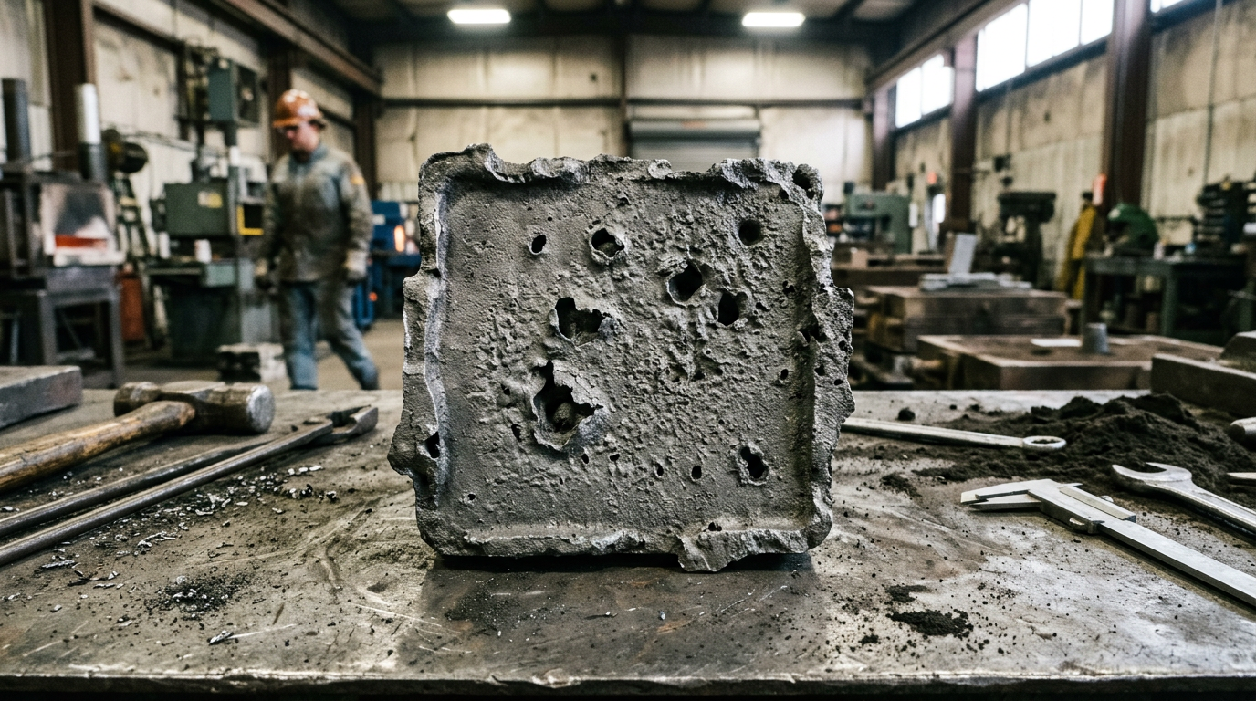 Failed casting with blow holes and surface pits caused by using regular sand instead of proper casting sand