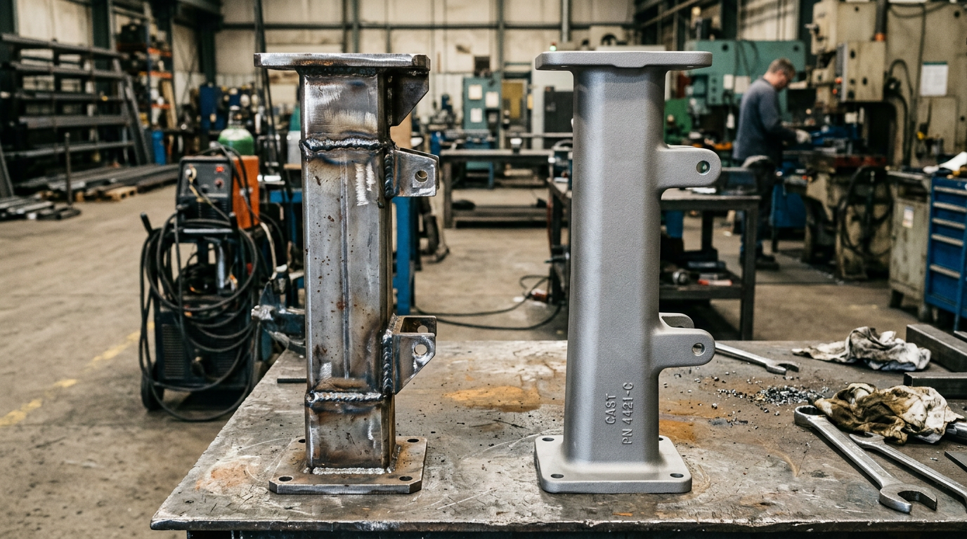 Multi-piece weldment next to its single-piece casting conversion replacement showing eliminated weld joints