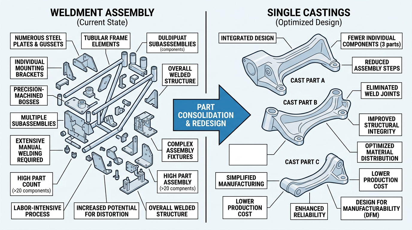 Diagram showing weldment to casting conversion consolidating 136 subcomponents into three castings