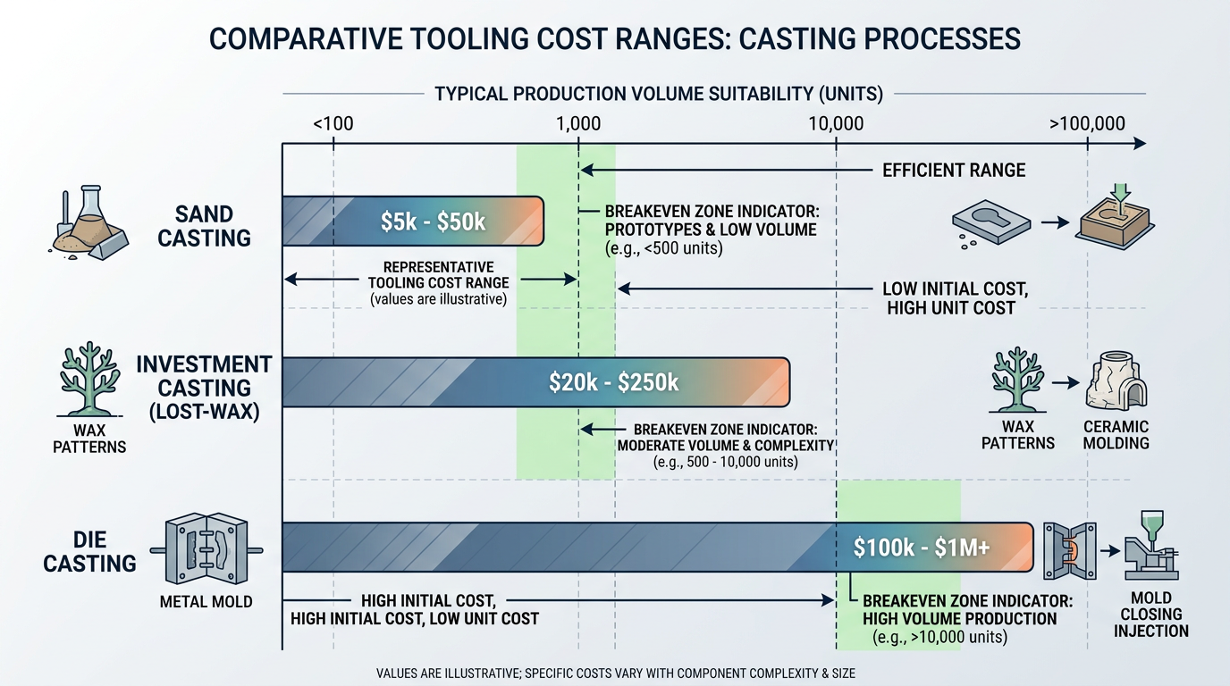 Casting tooling cost comparison showing sand casting as lowest-cost entry point for weldment conversion