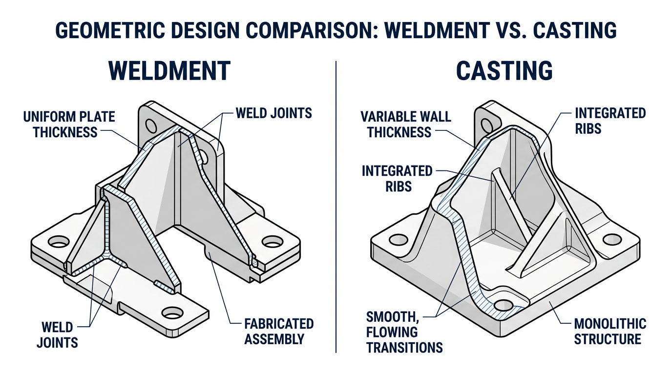 Cross-section comparing uniform weldment plate thickness to optimized casting geometry with variable walls and integrated ribs