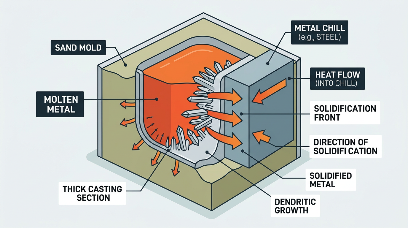 Cross-section diagram showing how a chill extracts heat from a thick casting section in a sand mold