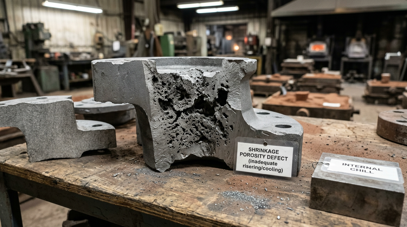 Sectioned casting showing shrinkage porosity voids in a thick section where a chill was needed