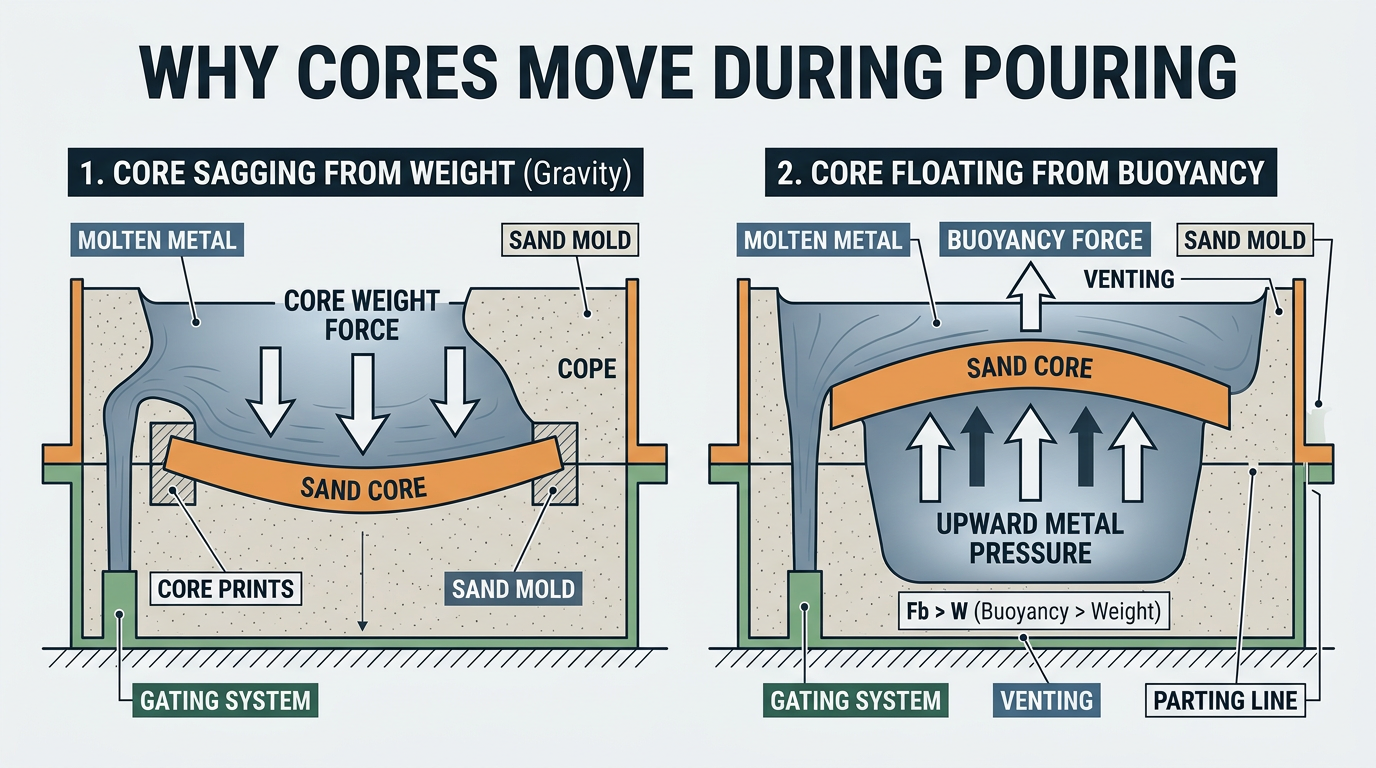 Diagram comparing core sagging from gravity and core floating from buoyancy forces in a casting mold with chaplets