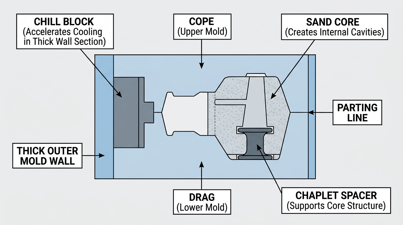 Diagram showing chill and chaplet placement side by side in a single casting mold cross-section