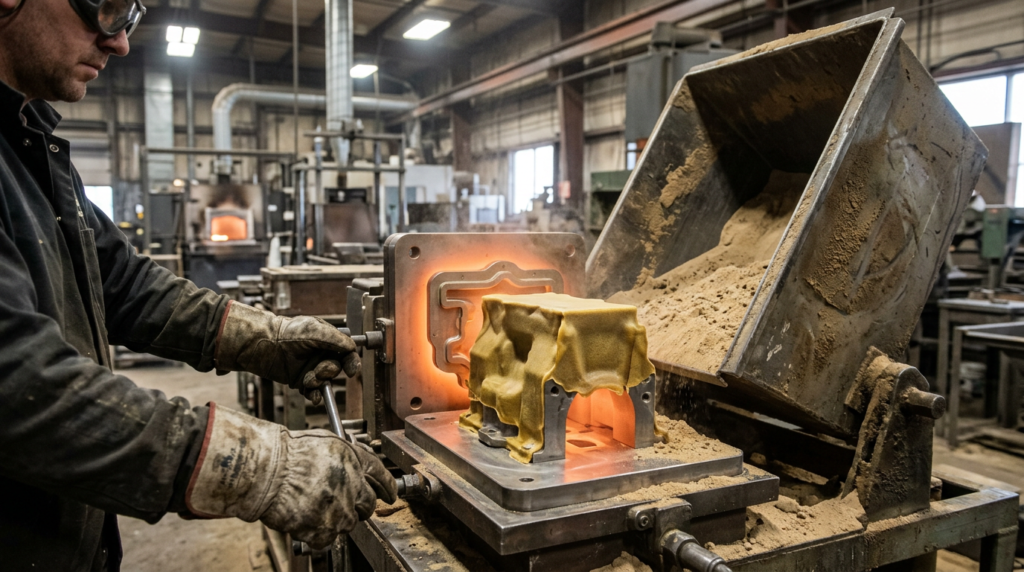 Resin-coated sand curing against a heated metal pattern during shell mold casting, forming a thin rigid mold shell