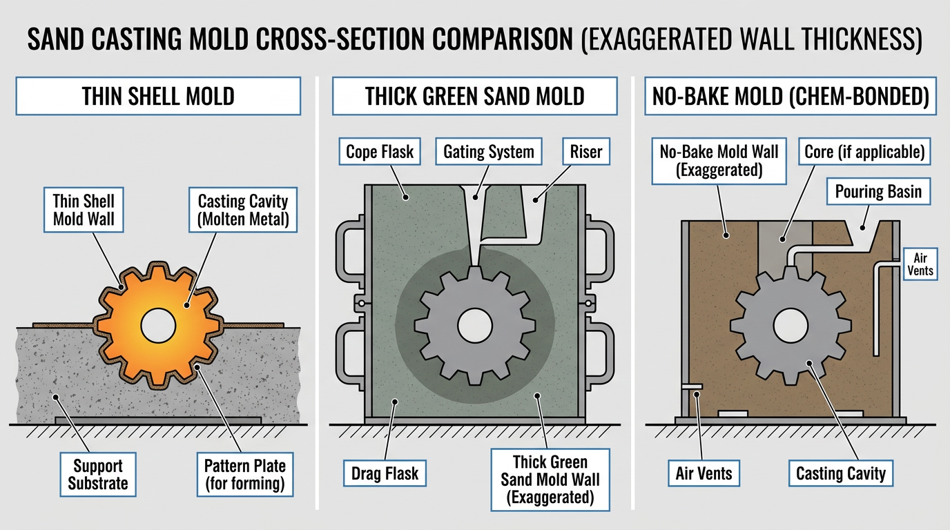 What Is Shell Mold Casting and When Does It Beat Green Sand? 2 Cross-section comparison of shell mold casting, green sand, and no-bake mold wall thickness and structure