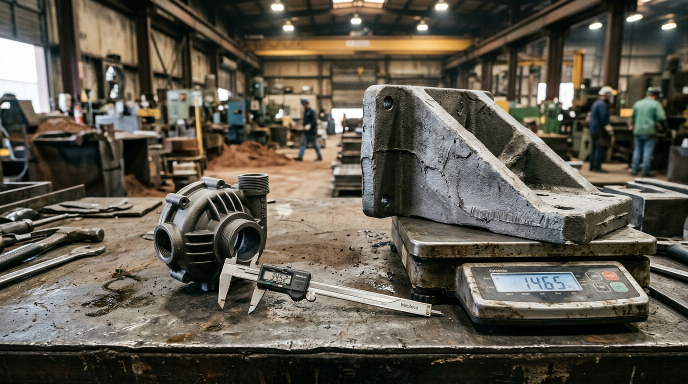 What Is Shell Mold Casting and When Does It Beat Green Sand? 3 Small precision shell mold casting beside a larger green sand casting showing the size range difference between processes