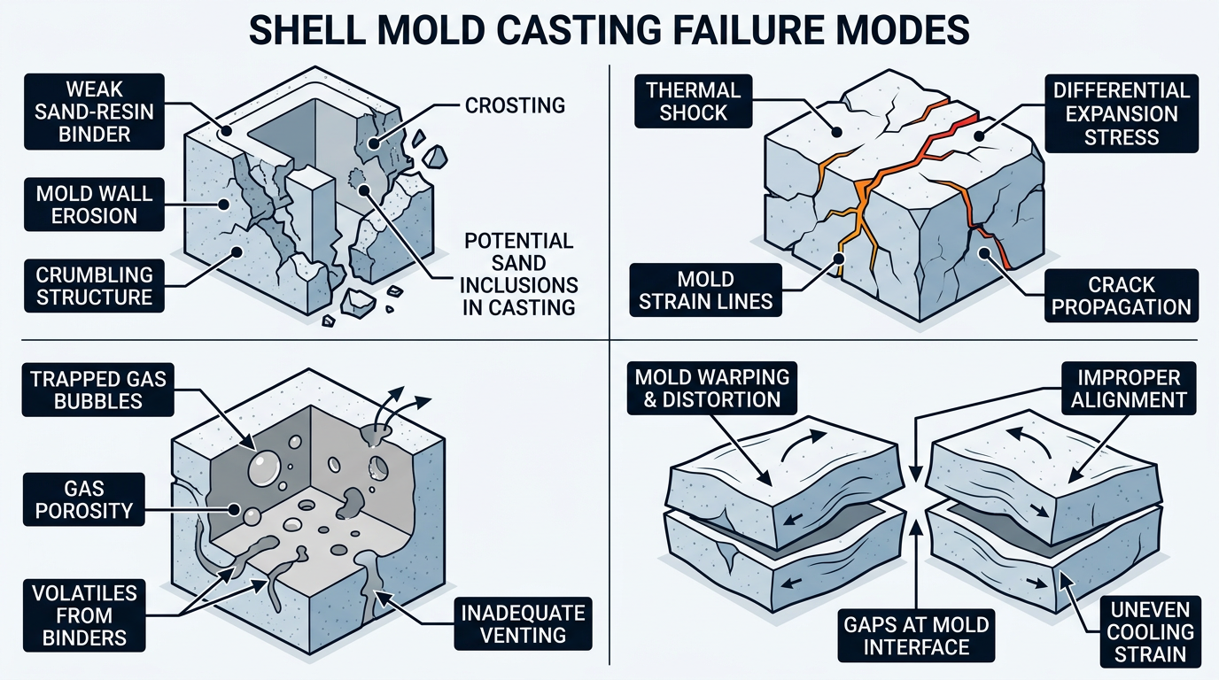 What Is Shell Mold Casting and When Does It Beat Green Sand? 4 Four common shell mold casting defects including incomplete curing, thermal shock cracking, gas porosity, and mold distortion