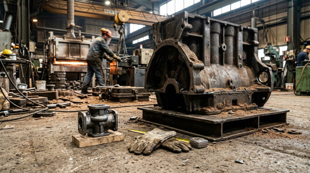 Small coated sand shell mold casting beside a large resin sand no-bake casting on foundry floor showing weight limit contrast