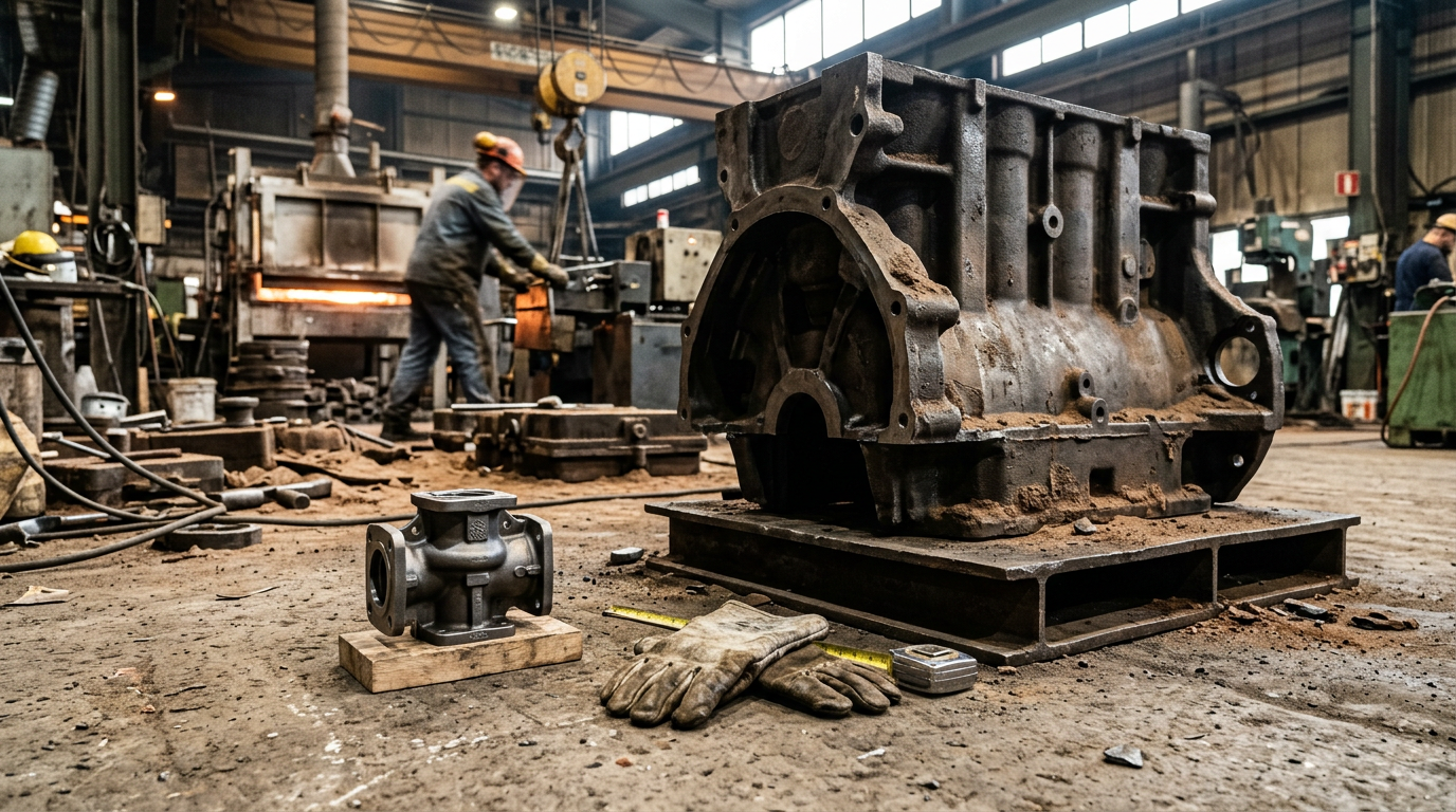 Coated Sand vs Resin Sand Casting: How to Choose the Right Process 1 Small coated sand shell mold casting beside a large resin sand no-bake casting on foundry floor showing weight limit contrast