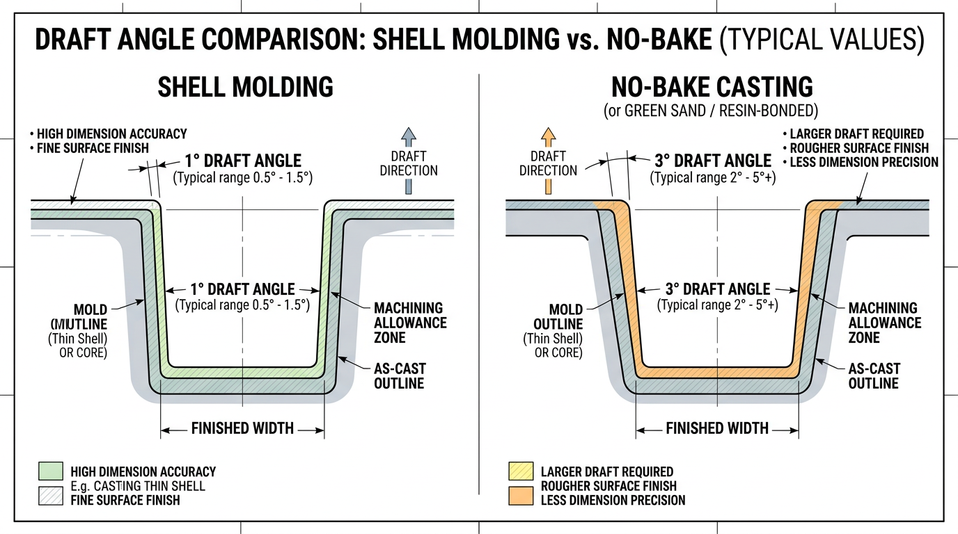 Coated Sand vs Resin Sand Casting: How to Choose the Right Process 2 Draft angle comparison diagram for coated sand vs resin sand casting showing one degree versus three degrees