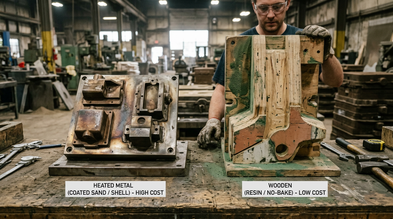 Coated Sand vs Resin Sand Casting: How to Choose the Right Process 3 Metal shell molding pattern beside wooden no-bake pattern illustrating tooling cost difference in coated sand vs resin sand casting
