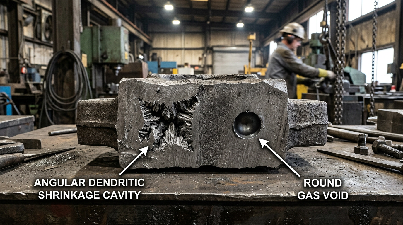 Cross-section of steel casting showing angular shrinkage porosity and round gas porosity casting defects side by side