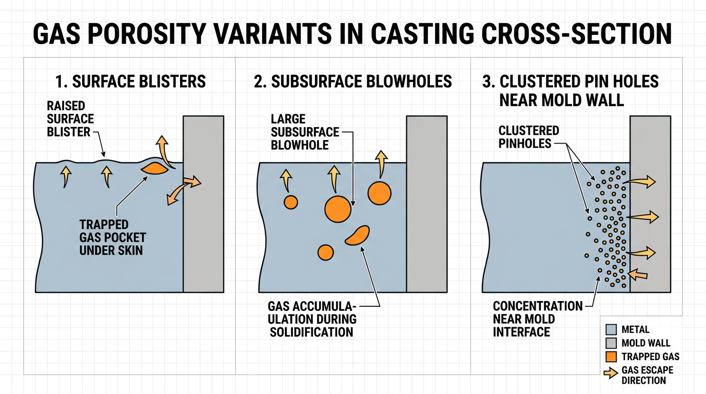 Diagram showing three types of gas porosity casting defects in cross-section with blisters blowholes and pin holes