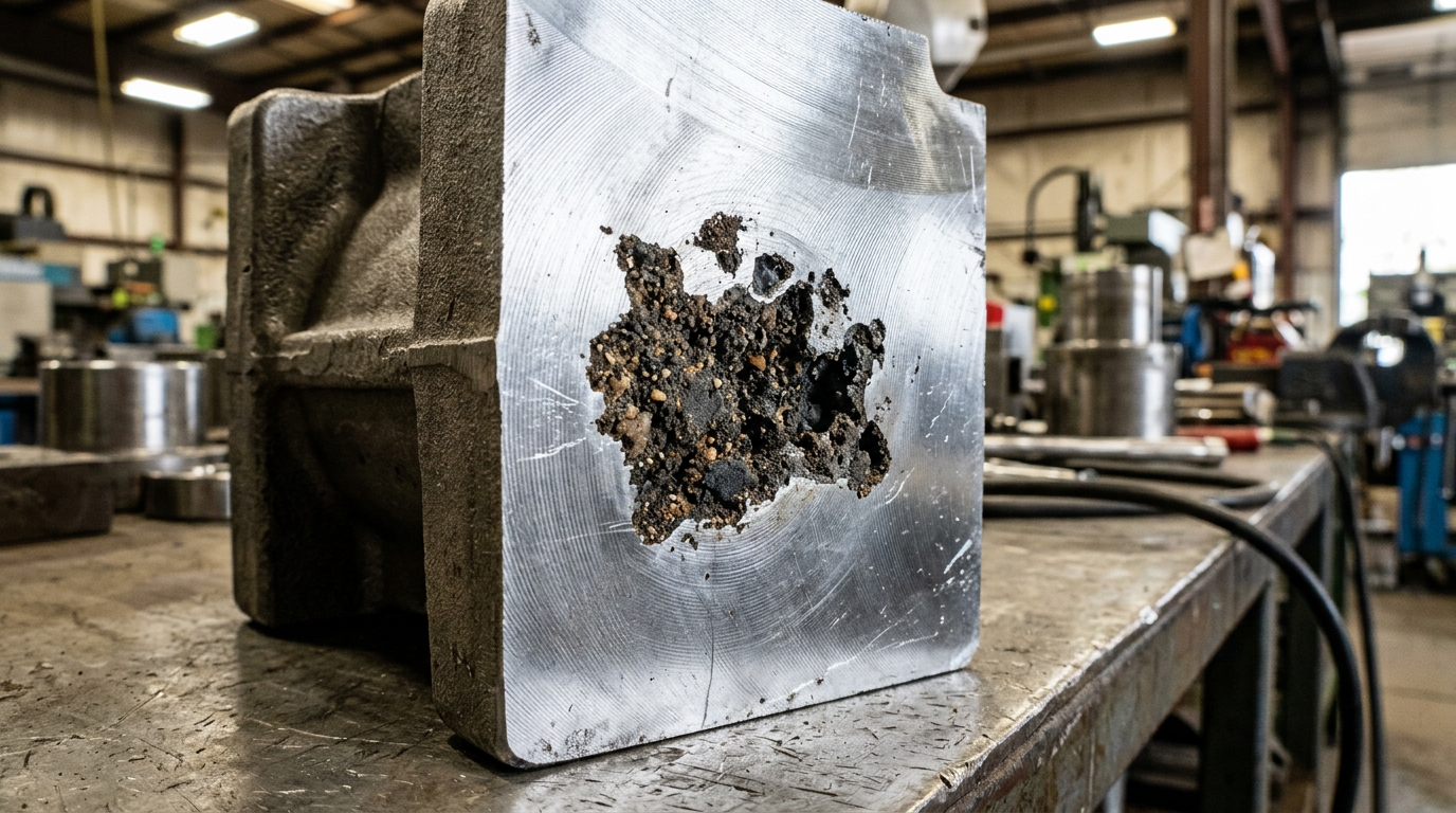 Machined casting surface revealing sand inclusions and slag pockets as common casting defects in steel