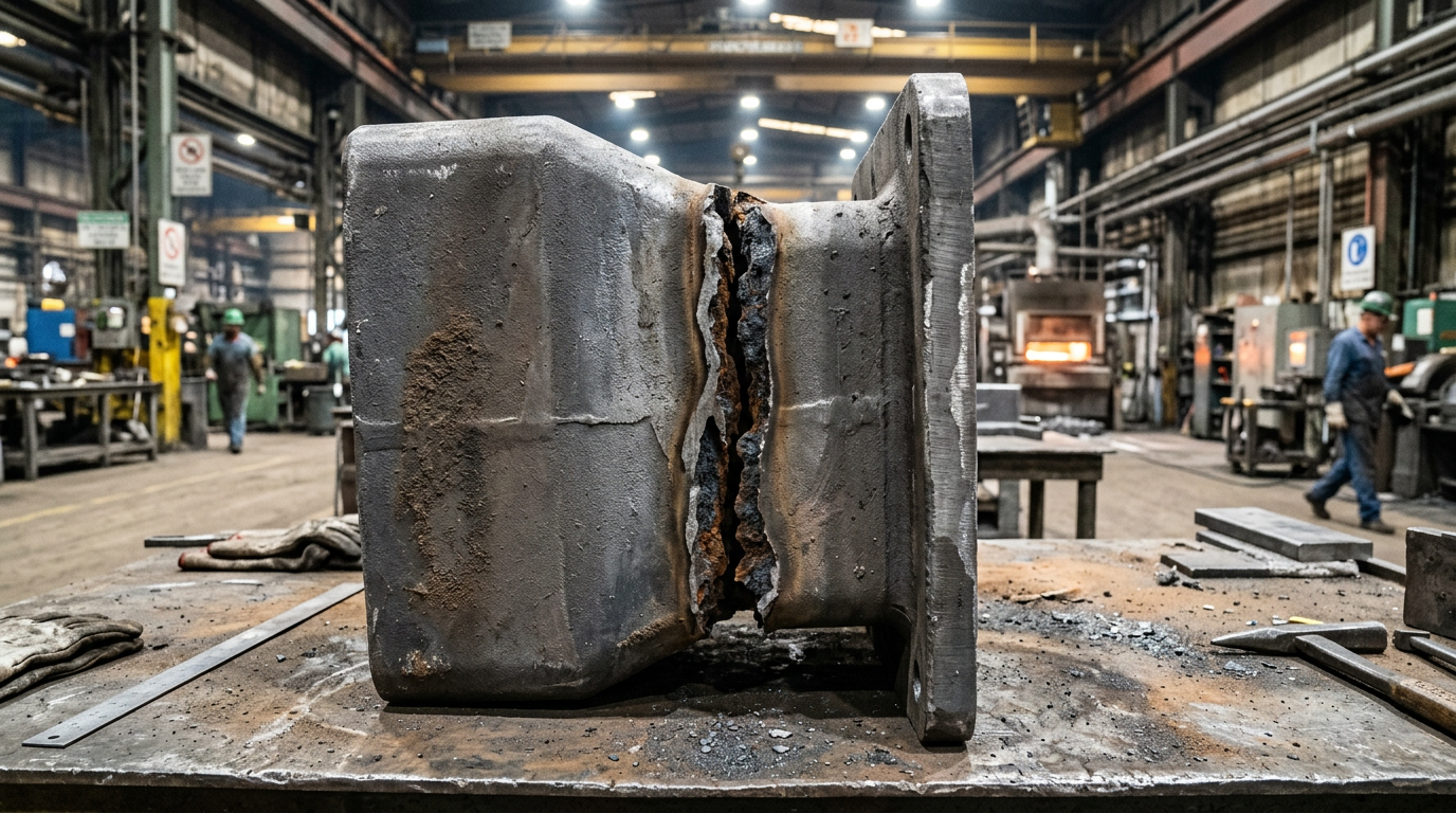 Hot tear casting defect showing oxidized crack at section transition in a steel casting