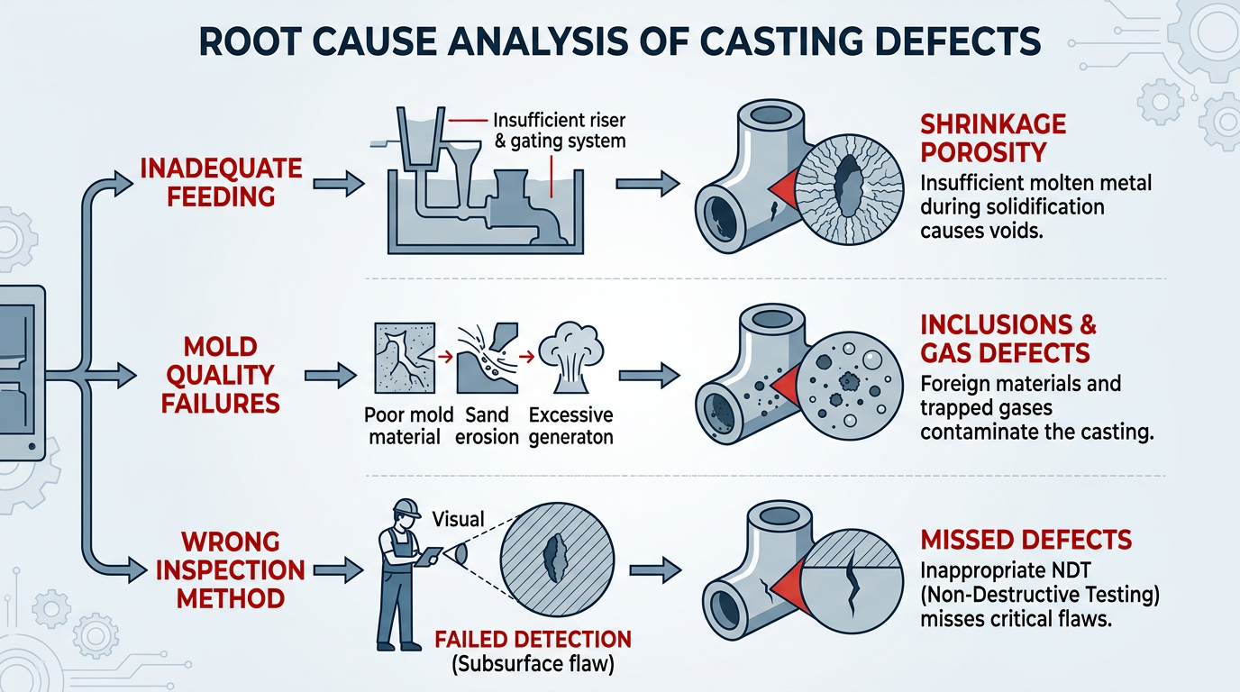 Diagram mapping three process failure categories to the casting defects they produce for root cause analysis
