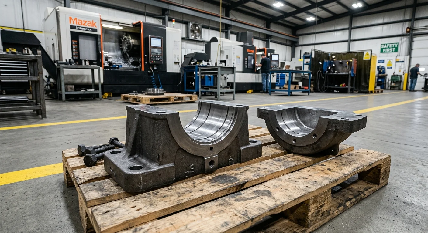 A heavy-duty custom ductile iron split bearing housing (plummer block) showing precision-machined internal seating for the bearing insert, resting on a foundry floor.