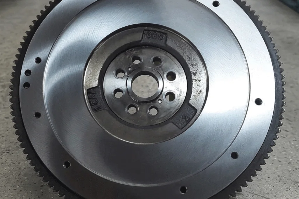 Wide-angle photograph of a massive, freshly CNC-machined custom gray iron flywheel resting on a heavy-duty wooden shipping pallet inside a bright, modern foundry. The flywheel features a perfectly smooth turned outer diameter and a precision-bored center hole with a cut keyway. Overhead LED factory lighting reflects off the machined steel surfaces.