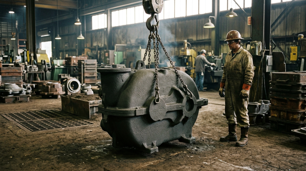 Large ductile iron sand casting on foundry floor after shakeout, illustrating the ferrous alloy capability that separates sand casting from die casting
