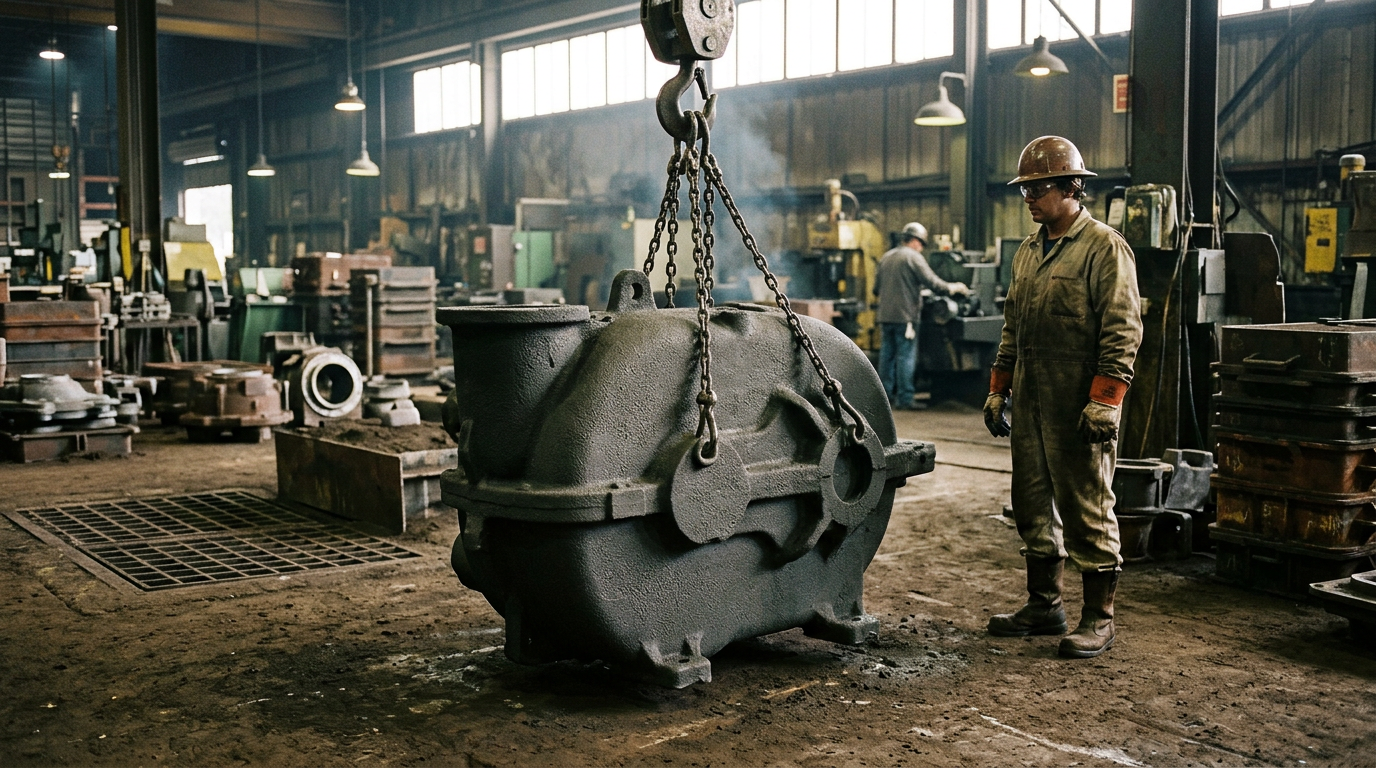 Die Casting vs Sand Casting: How to Choose the Right Process 1 Large ductile iron sand casting on foundry floor after shakeout, illustrating the ferrous alloy capability that separates sand casting from die casting
