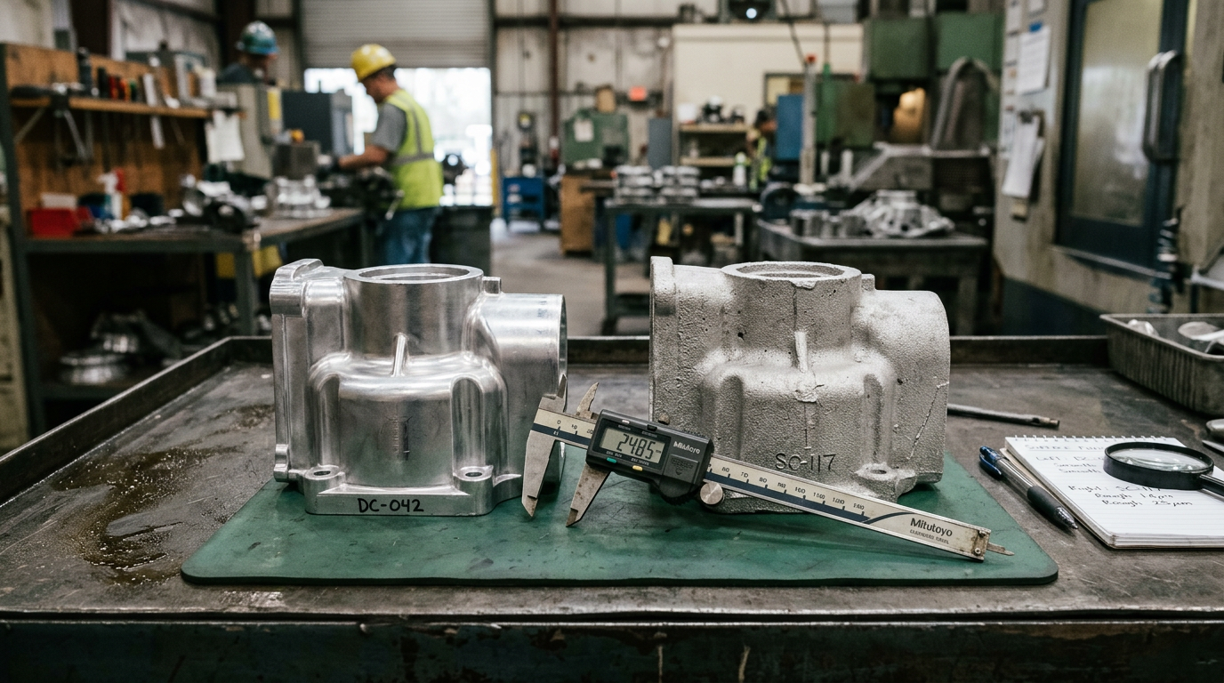 Die Casting vs Sand Casting: How to Choose the Right Process 2 Side-by-side comparison of die casting and sand casting surface finish on aluminum parts with measuring calipers
