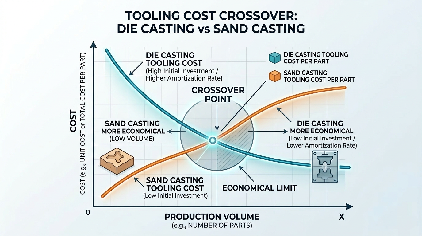 Die Casting vs Sand Casting: How to Choose the Right Process 3 Die casting vs sand casting cost crossover diagram showing how total cost per part changes with production volume