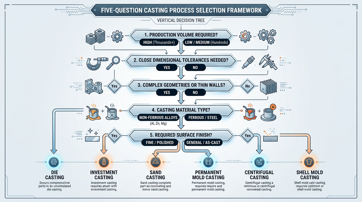 Die Casting vs Sand Casting: How to Choose the Right Process 4 Five-question decision flowchart for choosing between die casting and sand casting based on alloy, size, geometry, volume, and total cost